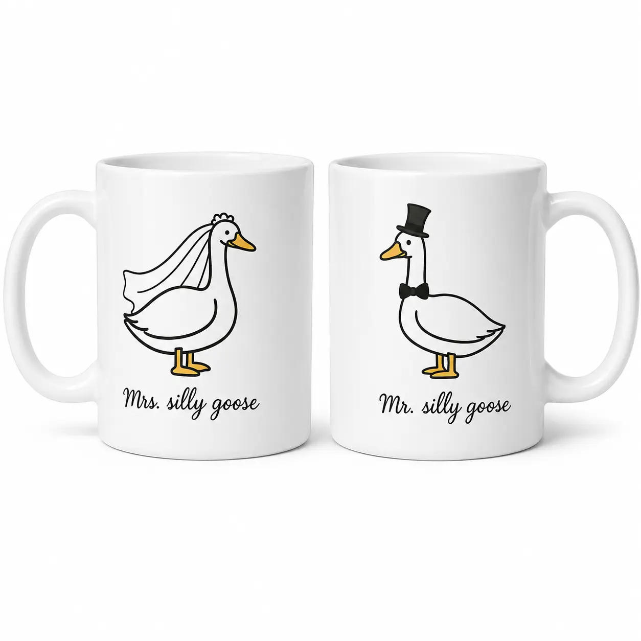 Mr. & Mrs. Silly Goose Couple Quotes Matching Mug Set - 2-Pack 11oz Funny Ceramic Coffee Cups, Cute Wedding Gift for Bride & Groom, Kitchen Drinkware