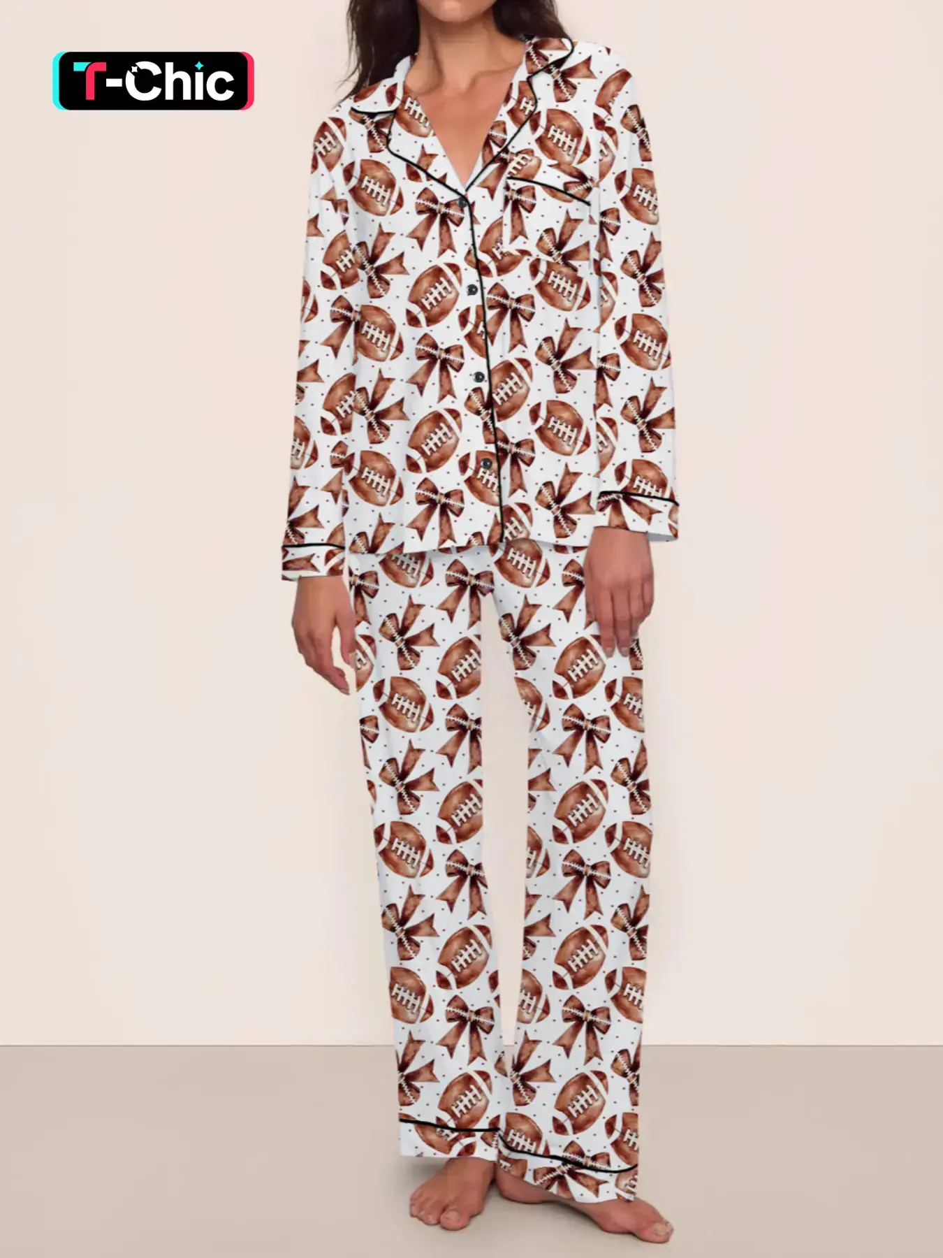 Coquette Football Fall Winter Women's Pajama Set, Fit, Bowknot Design, Butterfly Print, Long Sleeve & Pants, Elastic Waistband, Comfortable Casual Party Sleepwear, Homewear, Loungewear
