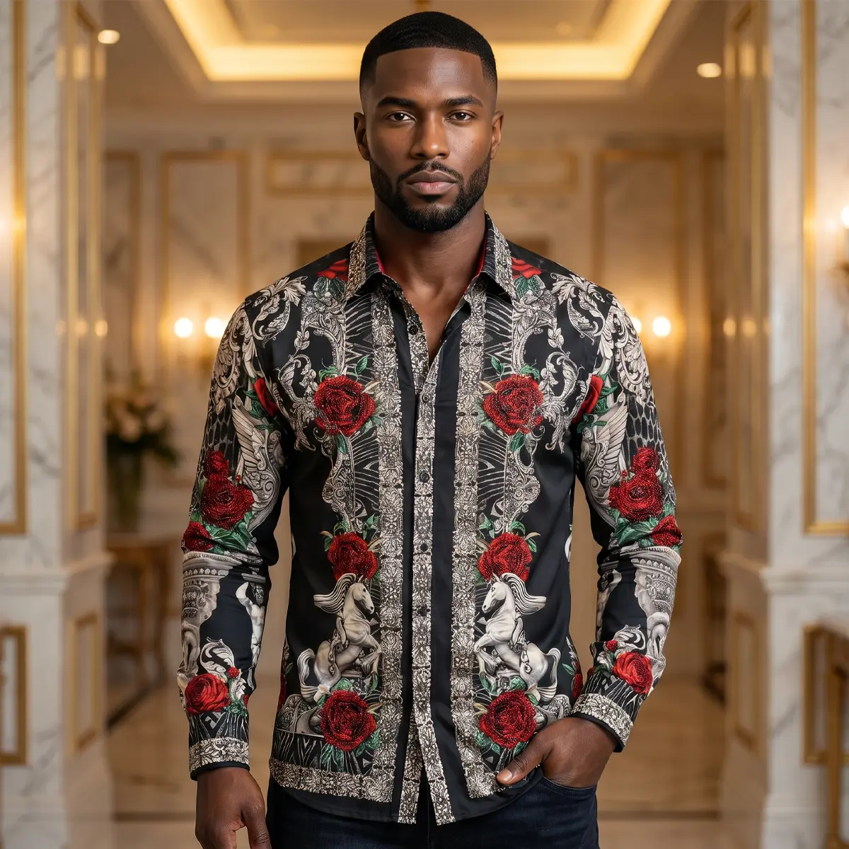 BARABAS Luxury Statement Shirt BS3SPR418 Black - SLIM FIT Stretch Rhinestone-Pint For Men