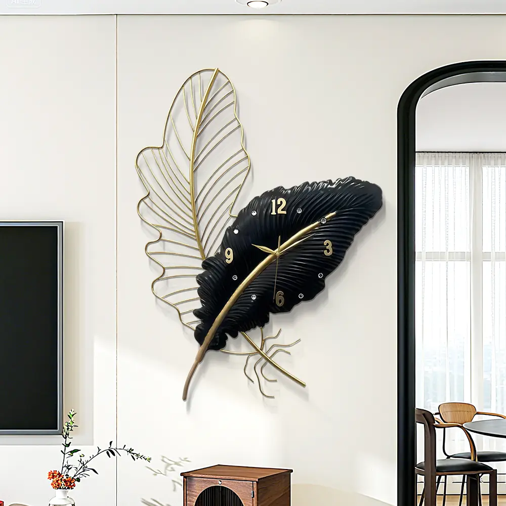 Modern Black Wall Clock Metal Feather, 30 Inch Large Silent Non-Ticking Clocks, For Living Room Decor Decorative Time Clock Wall Watch Black And Gold Fashion Art Clock Suitable For Bedroom And Office