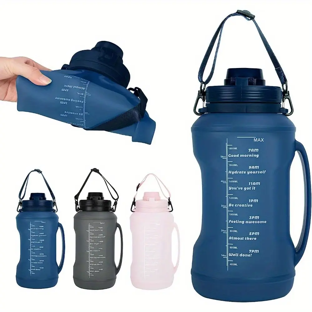 67.63oz Compact Water Container - Flexible Silicone Travel Bottle Featuring Inspirational Drinking Times - Includes Straw