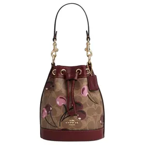 COACH Cherry Print Faux Leather Bucket Bag for Women – Tan and Multicolor Mini Crossbody Handbag