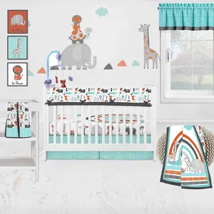 Bacati - Jungle Safari Animals 10 Piece Crib Bedding Set with Crib Rail Guard - Aqua/Orange/Grey