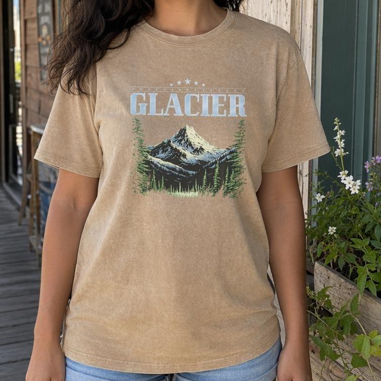 Women's Loose-Fit Short-Sleeve Crew Neck Drop Shoulder Vintage Mountain Graphic Print T-Shirt - Casual Outdoor Wear, Short Sleeve Tops for Glacier Hiking