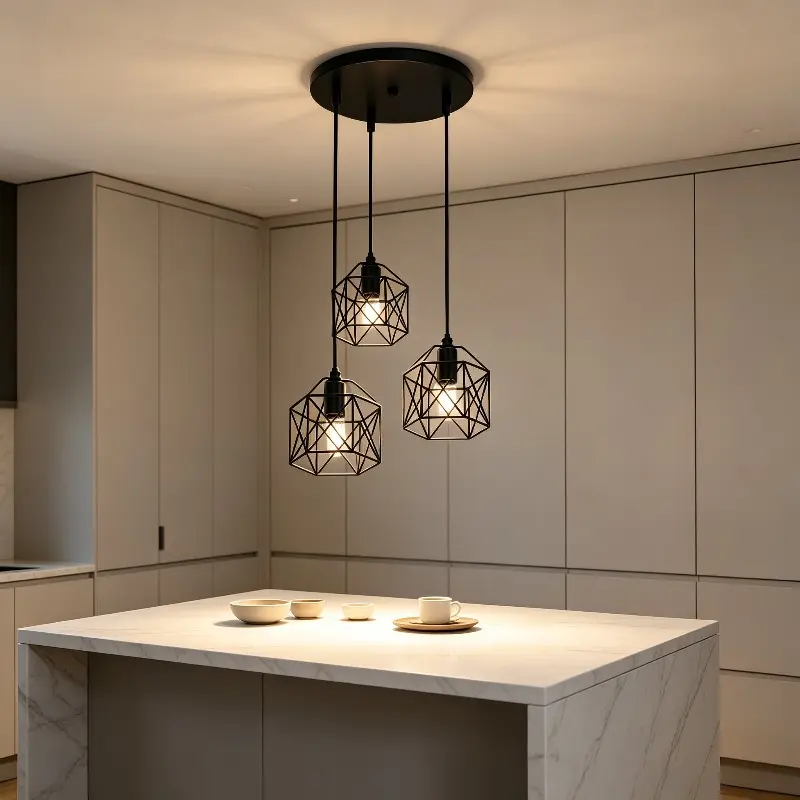 Matte Black 3-Light Industrial Mod Pendant Light, Geometric Wire Cage Cluster Hanging Lamp with E26 Base, Vintage Farmhouse Fixture (60W Total) for Kitchen Island, Dining Room