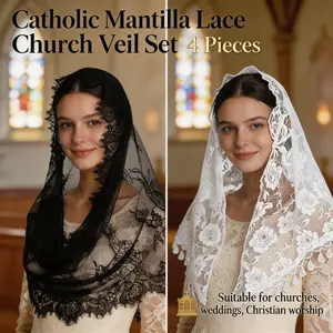 Women’s 4-Piece Catholic Church Mantilla Set - Lace Fabric Chapel Veils - Skin-Friendly Christian Head Coverings with Excellent Coverage for Mass, Weddings