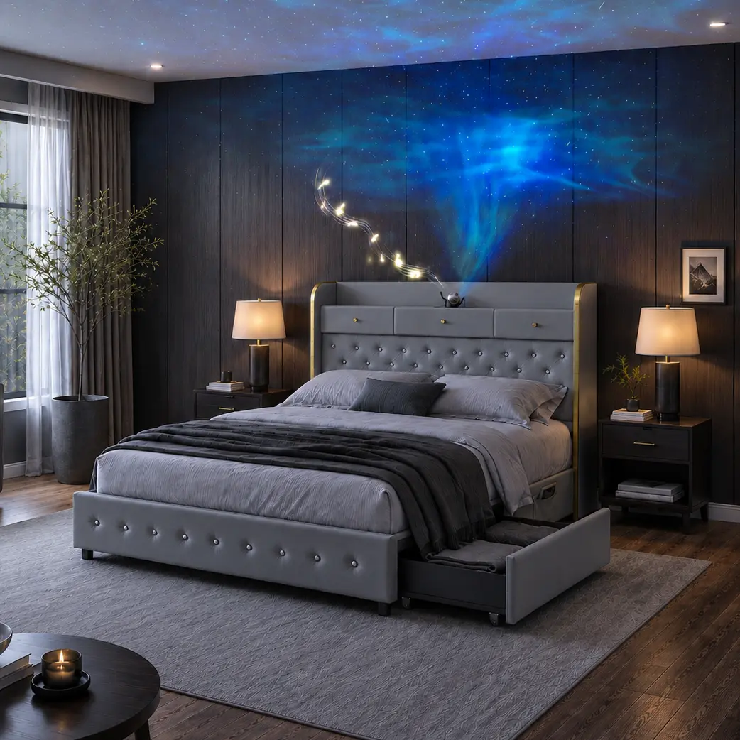 Torana Queen LED Bed Frame with Galaxy Aurora Star Projector & Charging Station, Modern Platform Bed with 52" Diamond Upholstered Wingback, 2 Storage Drawers, Wood Slat Support, No Box Spring Needed, PU Grey
