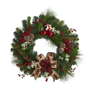 Nearly Natural 24-in Christmas Pine Wreath w/Pie Cones