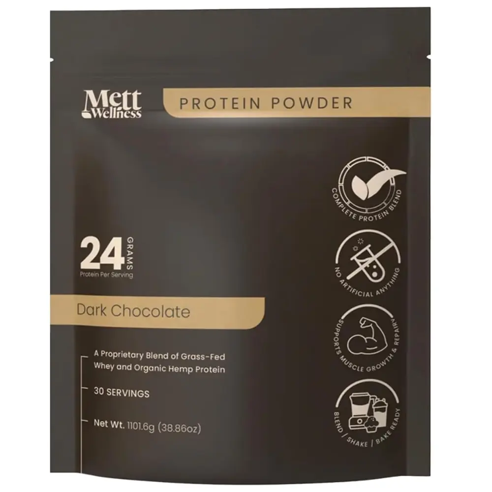 Mett Wellness Protein Powder | Dark Chocolate Grass-Fed Whey + Hemp Heart Protein | 24g Protein Per Serving | 30 Servings