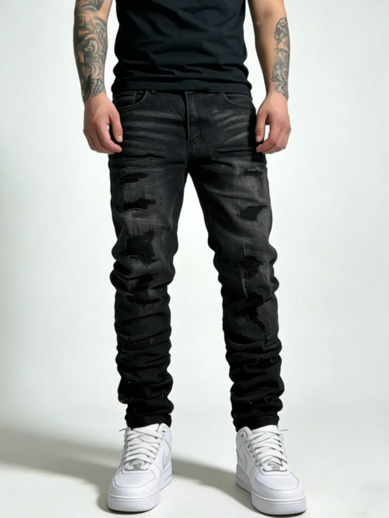 SRETOUU Men's Stylish Streetwear Holes Distressed Baggy Straight Jeans Men Hip Hop Ripped Loose Denim Pants Jeans Menswear Trousers Vintage Classic