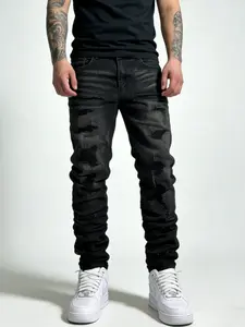 SRETOUU Men's Stylish Streetwear Holes Distressed Baggy Straight Jeans Men Hip Hop Ripped Loose Denim Pants Jeans Menswear Trousers Vintage Classic