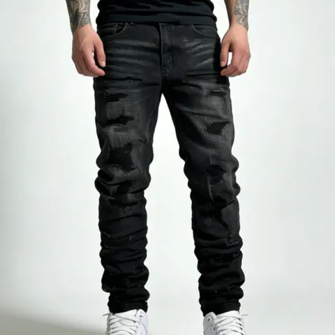 SRETOUU Men's Stylish Streetwear Holes Distressed Baggy Straight Jeans Men Hip Hop Ripped Loose Denim Pants Jeans Menswear Trousers Vintage Classic