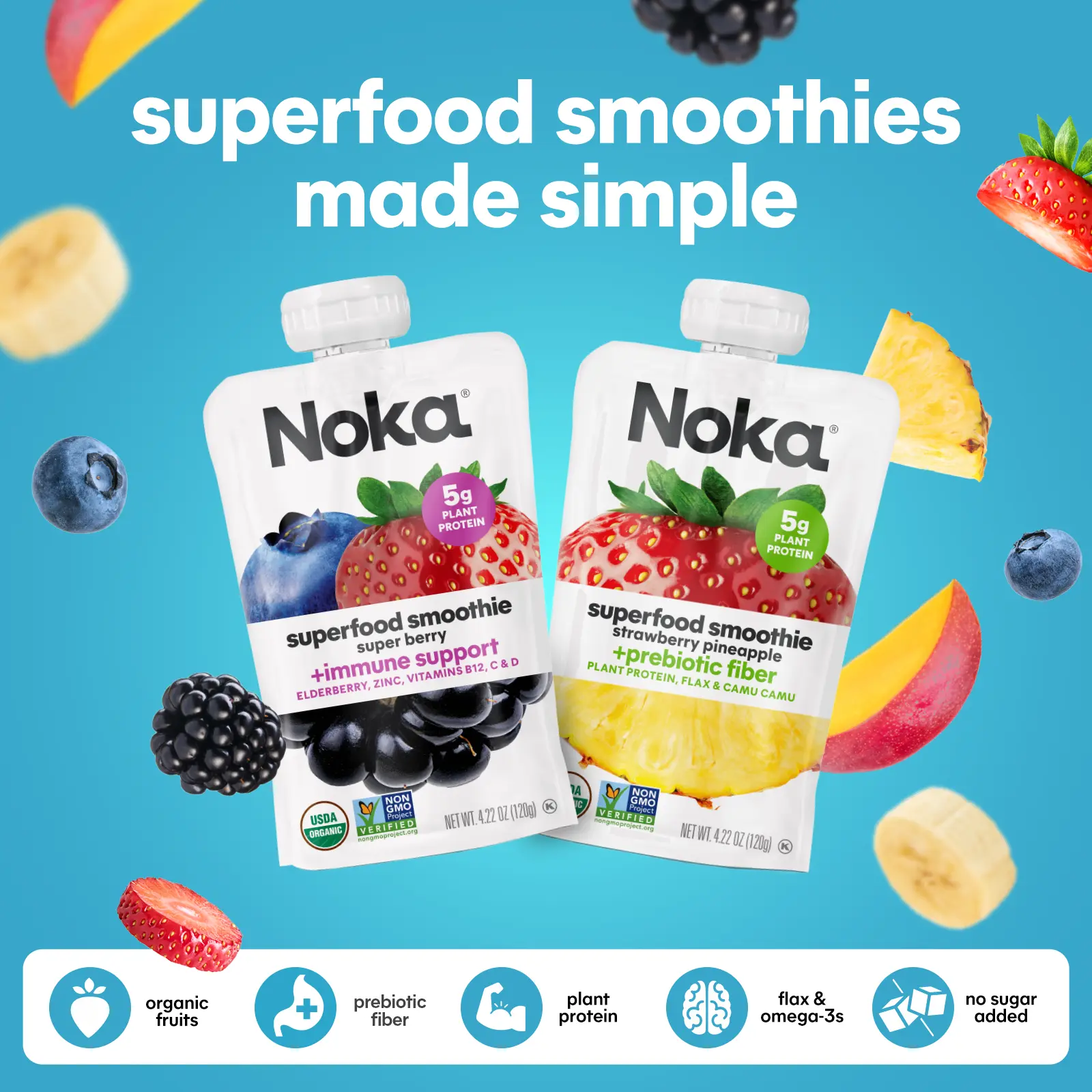 Noka Superfood Fruit Smoothie Pouches, Plant Protein and Prebiotic