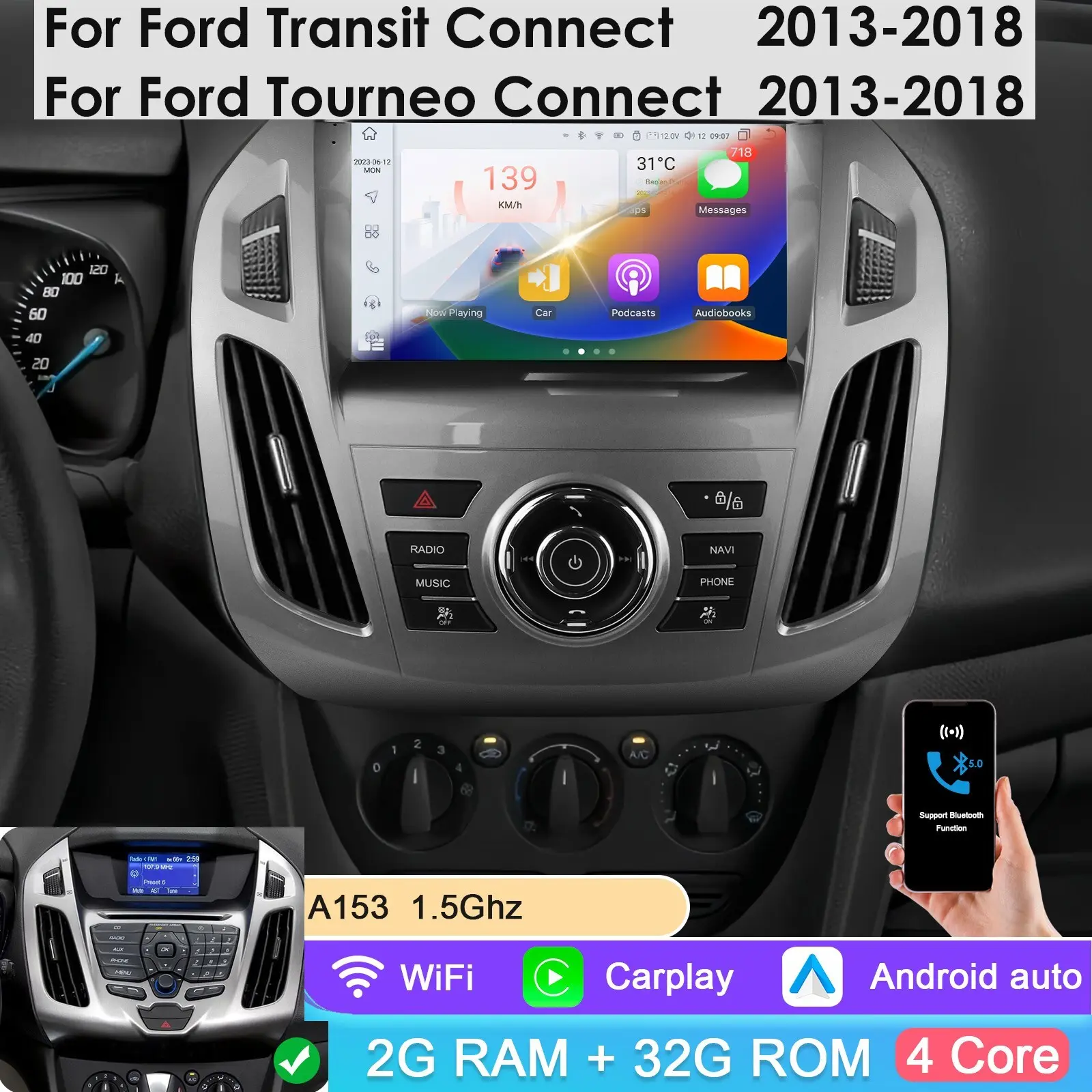 Hizpo 9" Double Din Touchscreen Head Unit Car Multimedia Player for Ford Transit Connect/Tourneo Connect 2013-2018, Android Auto, CarPlay Car Screen, GPS Stereo, 9 Inches, In-Car Audio
