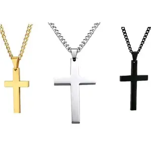 Cross Necklace in Gold, Silver, and Black Colors with Chain