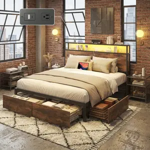 2-Tier Storage Headboard Bed Frame, Queen & Full Size Metal Platform Bed with Built-in Storage Drawers, LED Light & USB Charging Station, Retro Brown Noise Free Bedroom Bed, Easy Assembly Without Box Spring