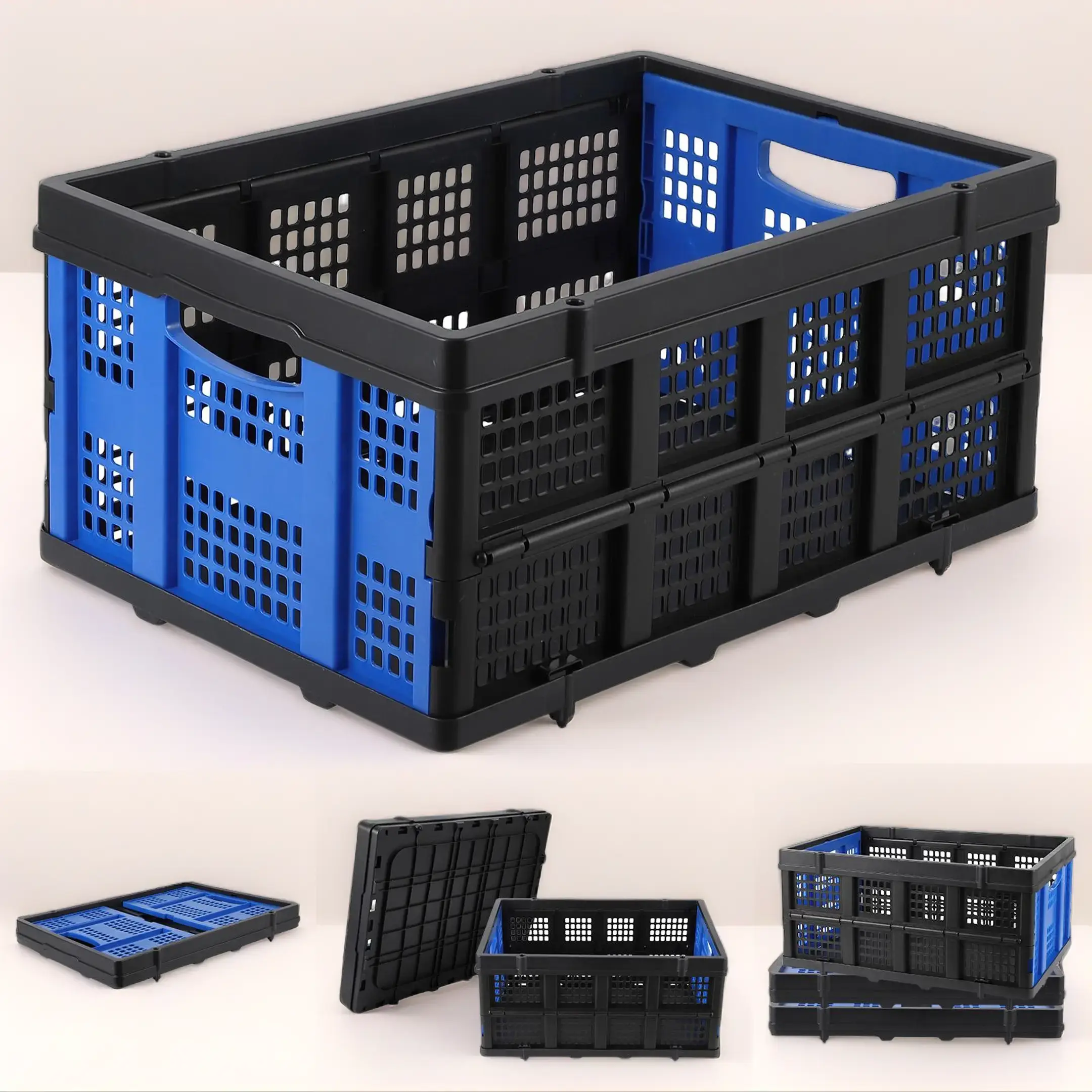 55L Premium Collapsible Heavy-Duty Plastic Storage Crate with Ergonomic Handles, Stackable Dual Compartment Organizing Bin for Grocery Shopping, Car Trunk, Laundry & Camping, Organizing Bins