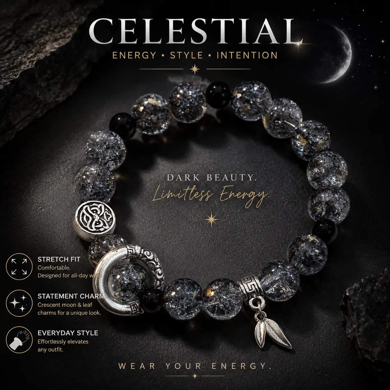 Black Crackle Bead Charm Bracelet for Women and Men, Silver-Tone Crescent Ring and Leaf Pendant Stretch Bracelet with Gold Foil-Look Accents, Gothic Celestial Jewelry for Everyday Wear, Birthday & Gift