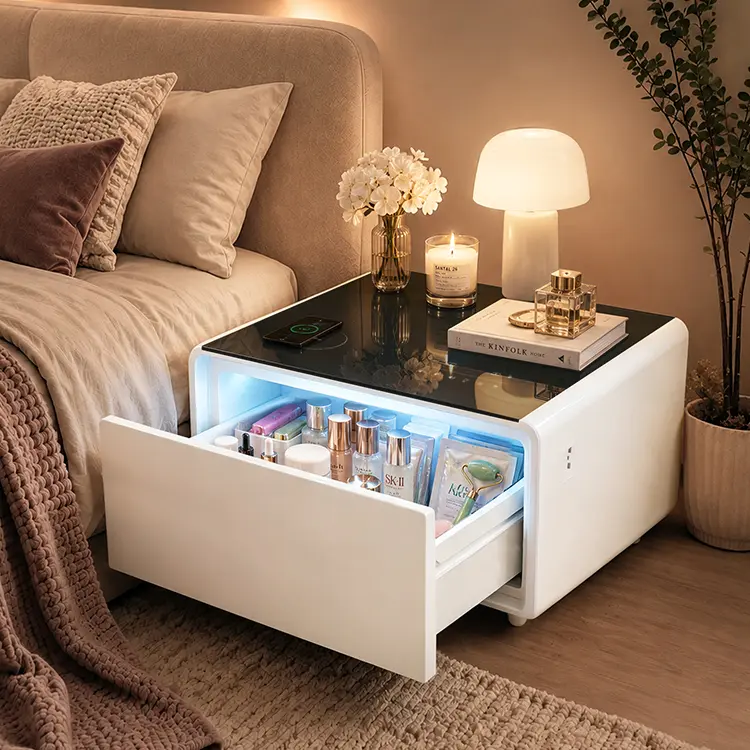 Skincare Fridge Nightstand with Cooling Drawer, Mini Fridge Bedside Table with Wireless Charging & USB Ports, Beauty Storage Cabinet for Bedroom