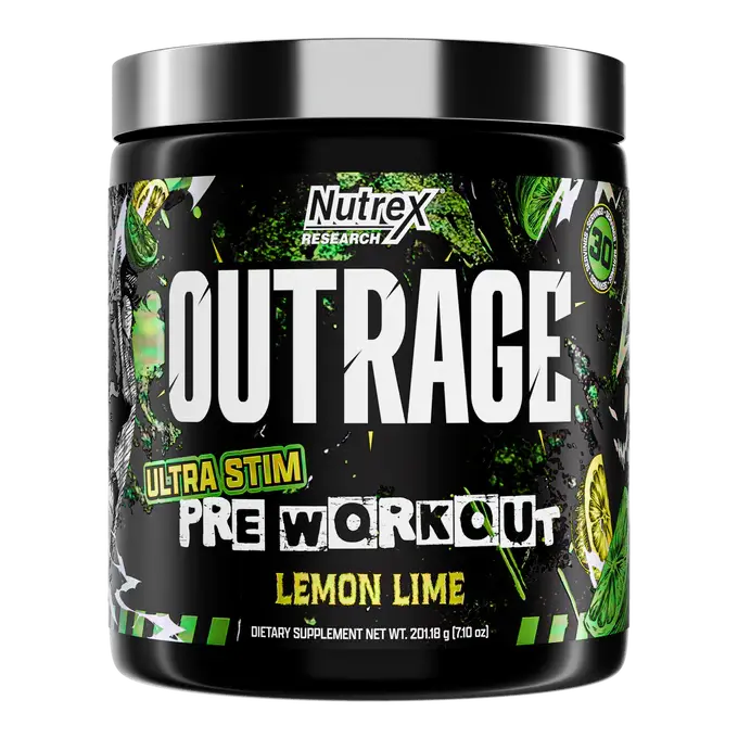 Nutrex Research Outrage Ultra Stim Lemon Lime Powder Pre-Workout Dietary Supplement - Beta-Alanine, Creatine Booster for Energy, Focus, Endurance Support for Experienced Bodybuilders