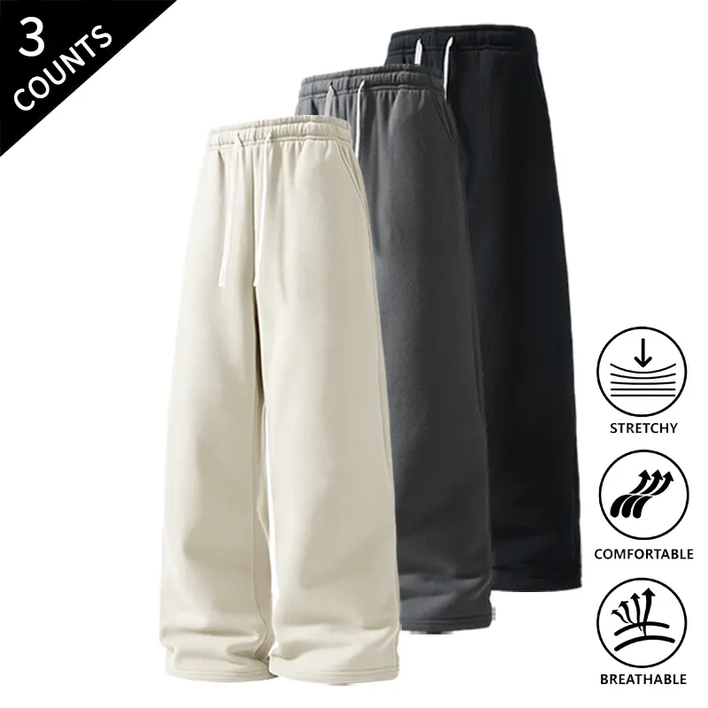 3-Pack Men’s Lightweight Straight-Leg Sweatpants, Elastic Drawstring Waist, Stretchable & Breathable, Comfortable Casual Pants for Spring, Autumn, and Winter