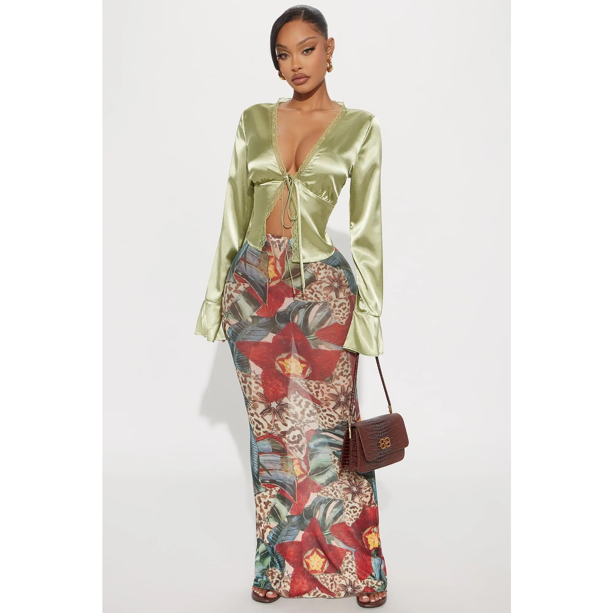 In Full Bloom Mesh Maxi Skirt - Brown/combo