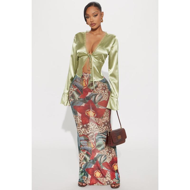 In Full Bloom Mesh Maxi Skirt - Brown/combo