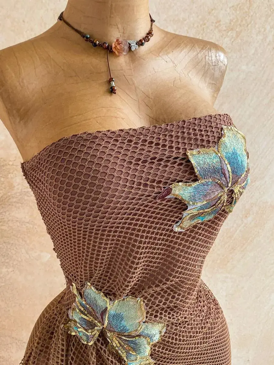 ANDRIEVA Bohemian Tropical Vacation Ruffle Tie Waist Halter Mini Beach Dress With Starfish Decor, Suitable For Spring/Summer Casual, Beach Wedding, Graduation, St. Patrick's Day, Spring Break, Easter, Music Festival,Summer Dresses For Women