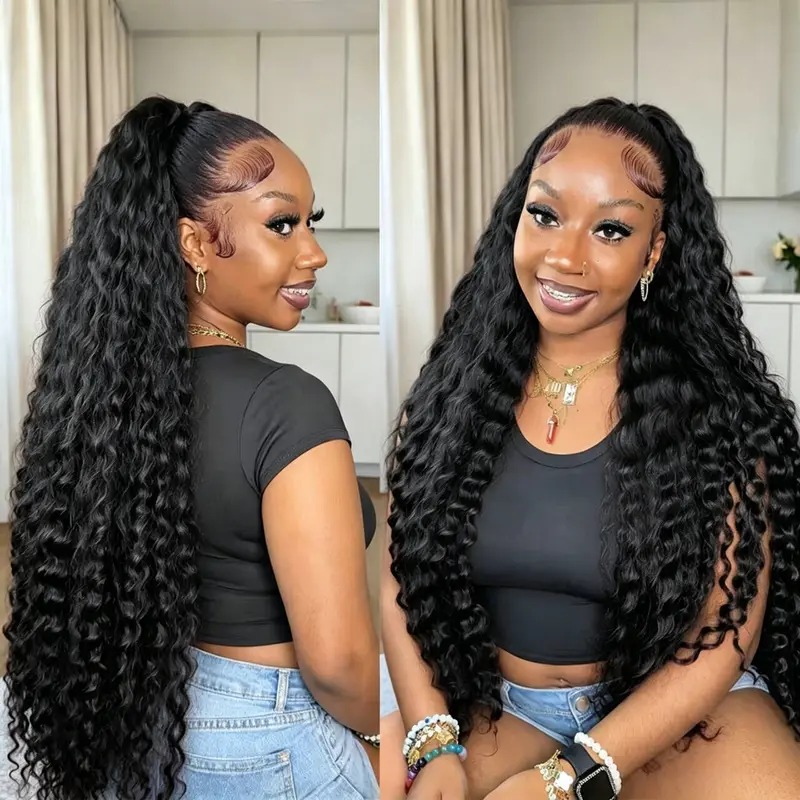 Female Glueless Human Hair Lace Front Wig, 13x4 HD Lace Frontal, 13x6 Deep Wave, 180% Density, Pre-Plucked, Invisible Drawstring, Bling Design, Ready-to-Go, 22.5 Inch, Adjustable, Ready-to-Wear
