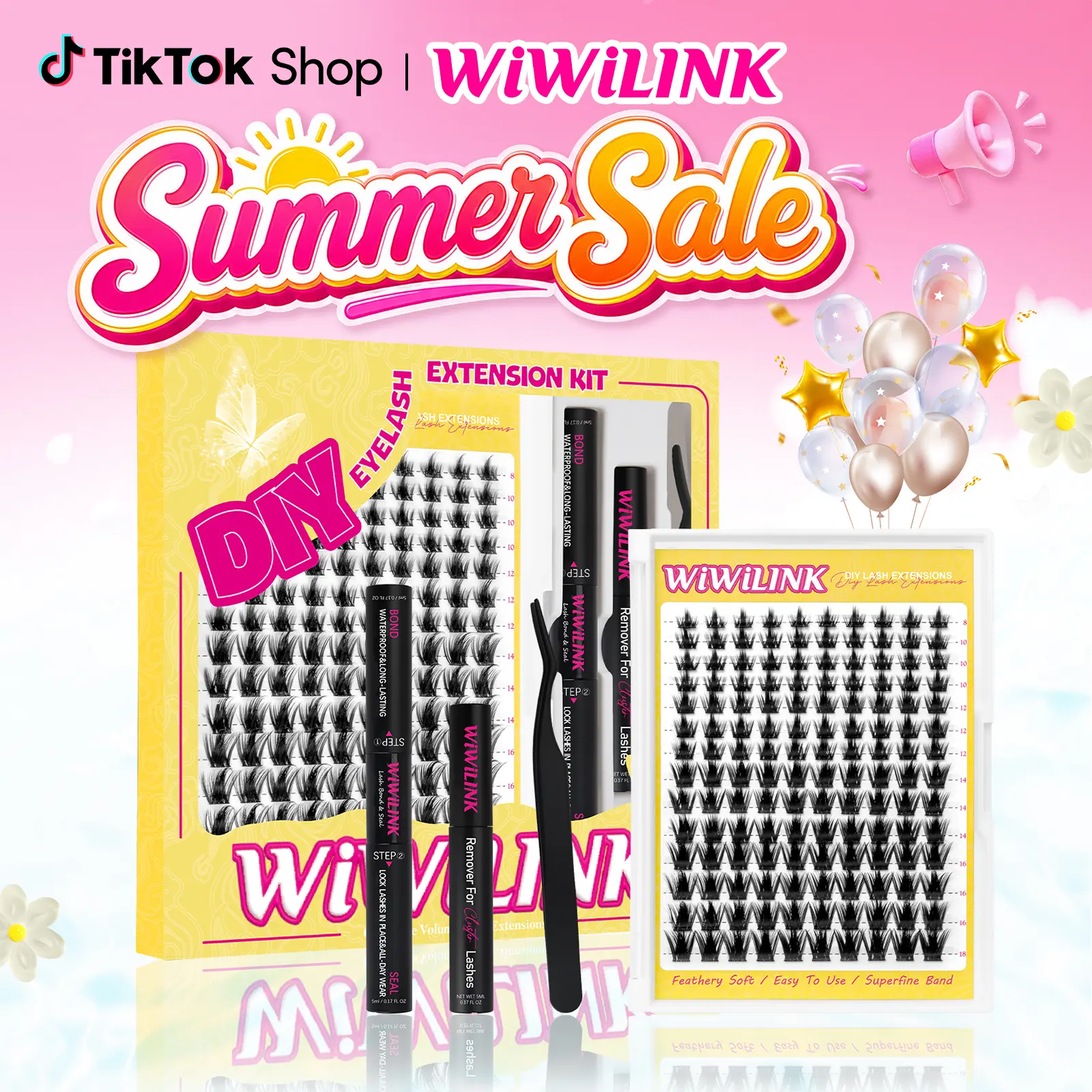 WiWiLink Sunset Manga Lashes Cluster C D Curl DIY Lash Extension Kit and Lash Clusters 8-18mm with Bond Seal and Remover - Ultra-Thin Transparent Bands, Lash Magic Anime False Lash Extension Kit