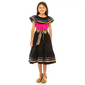 Girls Traditional Mexican Folkloric Dress with Colorful Ribbon Trim Black Pink DR2031
