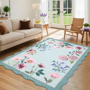 Farmhouse Floral Living Room Rug with Non-Slip Rubber Backing Scallop Printed Area Rug for Bedroom Dining Room Office