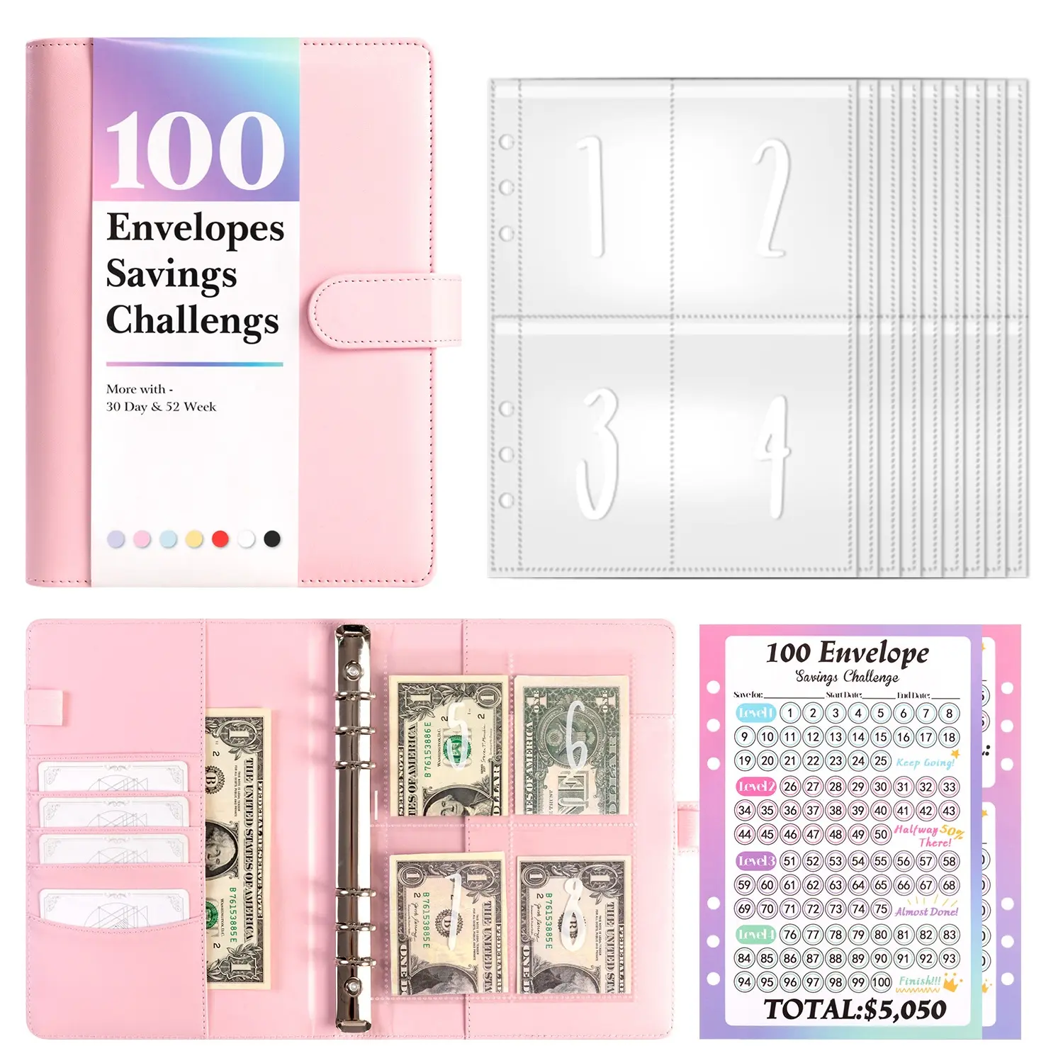 100 Envelopes Savings Challenge Binder, Savings Challenge Planner, A5 Size, Pink PU Leather Money Saving Organizer with Cash Envelopes, Financial Planning & Budget Tracking Sheets, Savings Tracker Organizer ($5,050 Goal)