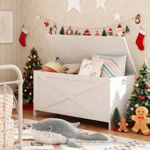 MAHANCRIS 39.4" Sturdy Entryway Toy Storage Chest with Safety Hinges, for Living Room, Bedroom, White