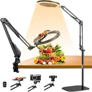 Ring Light Overhead Phone Mount, Dual-purpose Floor/Desk Ring Light Tripod for , Overhead Camera Mount, Dimmable Selfie Ring Light with Stand and Phone Holder for Recording/Live Streaming