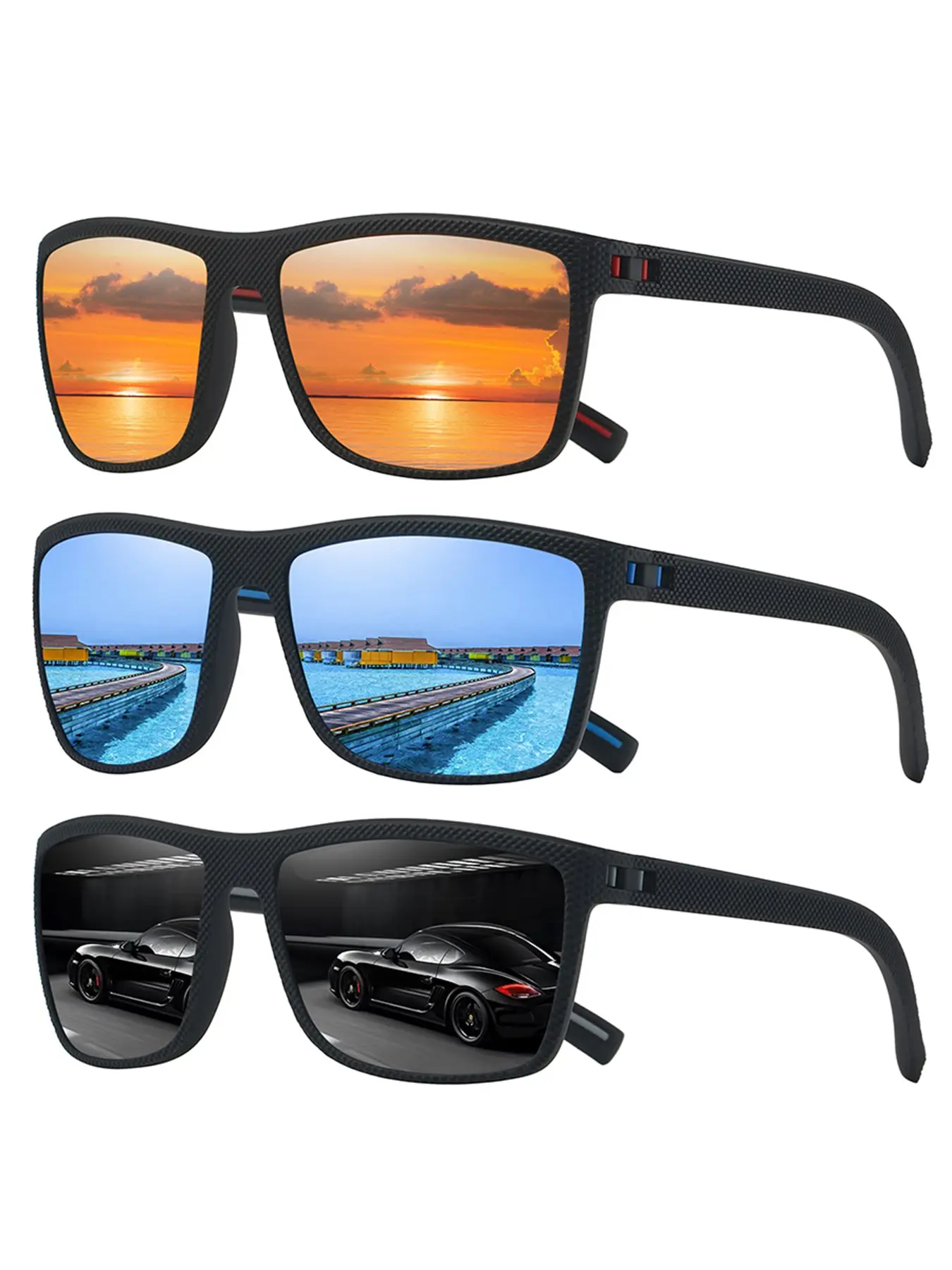 3pcs Vintage checkered sunglasses, Sun protective sunglasses, unisex, come in various colors, UV400 lenses for UV protection, Gingham border with spring-loaded temple tips for comfortable wear, driving sunglasses
