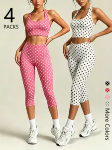4 Packs Women's Polka Dot Halter Top & Capris Leggings Set, Baddie Style 2 Piece Outfits, Slim Fit Workout Set with Strawberry Milkshake Aesthetic, for Pear Body Shape, Coachella & Festival Outfits, Comfy Streetwear