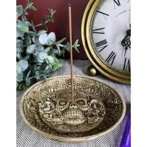 Day of The Dead Floral Sugar Skull Incense Burner Holder Medallion Dish Statue