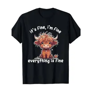 Ootd T Shirt It's Fine I'm Fine Everything Is Fine Cute Highland Cow T-Shirt Black Crewneck