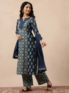 Indian Geometric Blue Stitched Straight Cotton  Kurta, Palazzo With Dupatta