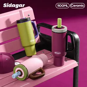 Sidagar Tumbler with Handle,36 oz Ceramic Lined Travel Mug Water Bottle with Straw,Vacuum Insulated Stainless Steel Cup with Lid,Fits Cup Holder, Leak Resistant Press-in Lid, Purple