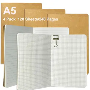 4 Pack A5 Kraft Notebooks Bulk, 8.27x5.5 Inches Lined Grid Paper, Journaling Notebooks Workbook for Work, Office, School, Portable Notebook, 60 Pages