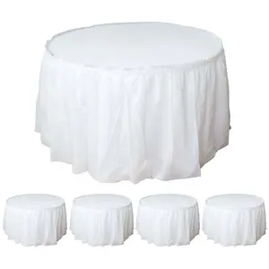 5 Pack Plastic Table Skirts 14ft White Ruffled - Waterproof Disposable Skirts for Outdoor/Indoor Use