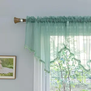 Beaded Sheer Valance Curtains for Living Room,Rod Pocket Farmhouse Window Valance 51x24 Inches (Mineral Blue) 1PC