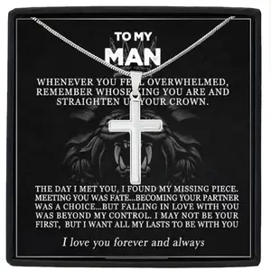 "to My for Man" Cross Necklace for Him - Bohemian Style Alloy Cuban Chain Jewelry with White Golden Plating, Romantic Love Note Card & Gift Box - Valentine's Day, Anniversary, Birthday, Christmas Gift for Husband