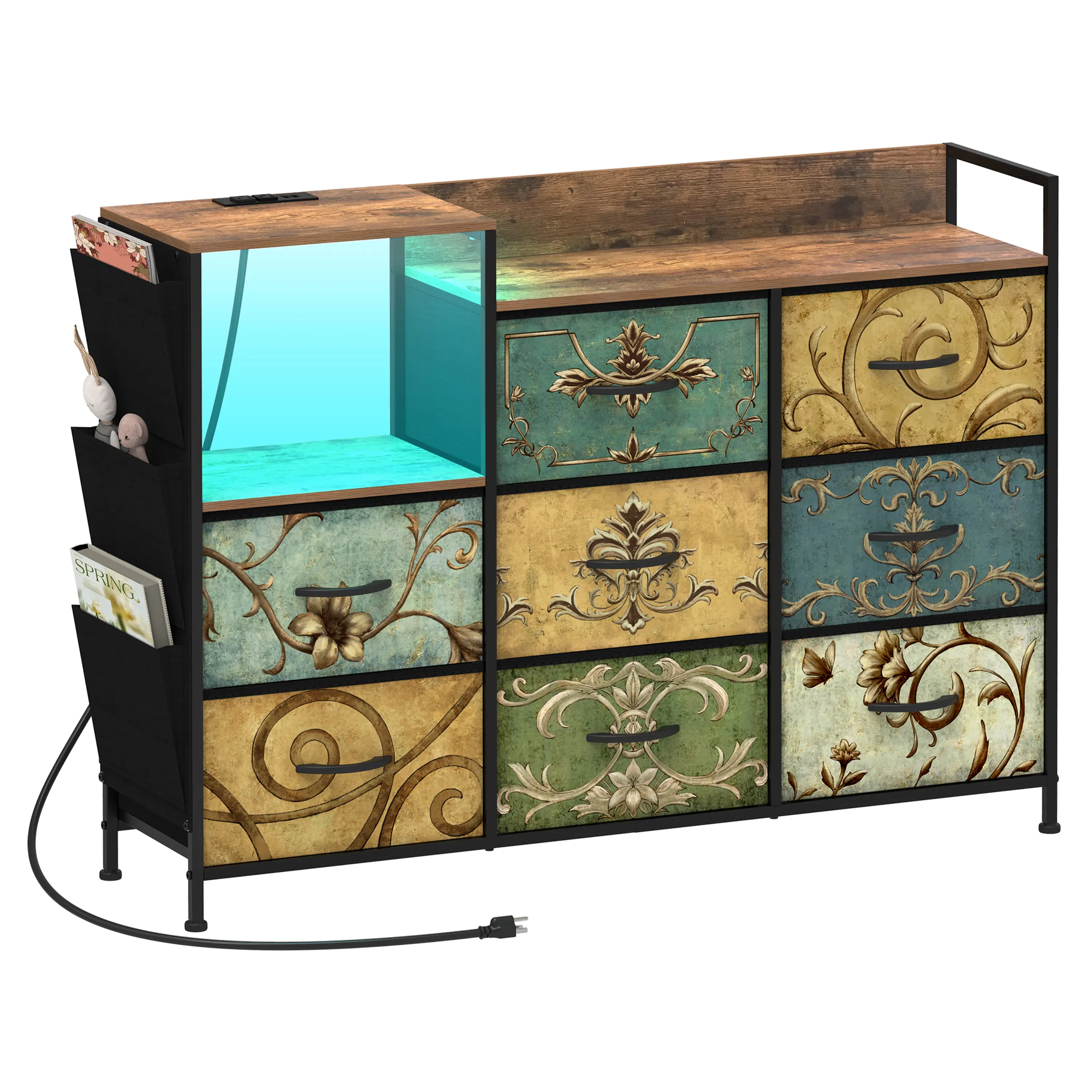 Dresser with Power Outlets and LED Lights 8 Drawers Dresser with Side Pocket Open Shelf Fabric Chest of Drawers with Sturdy Frame Vintage Dresser for