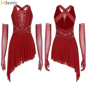 Women Lyrical Tango Dance Dress Rhinestone Asymmetrical Dress with Gloves Salsa Tango Ballroom Jazz Rumba Samba Dance Costume