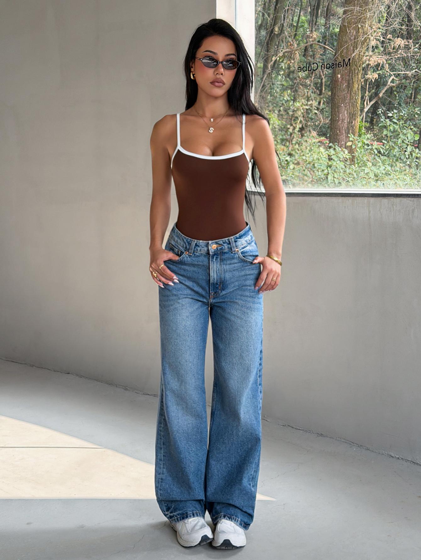 Women Contrast Color Thin Strap Ribbed Bodysuit, Stretchy Slim Fit One Piece Yoga Jumpsuit, casual and comfortable, quick-drying sportswear,suitable For Yoga, Gym Fitness And Daily Casual Wear