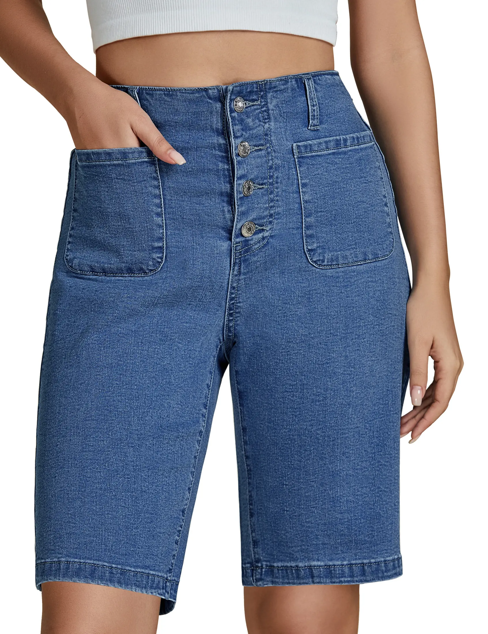 luvamia Bermuda Shorts for Women Jean High Waisted Trendy Patch Pockets Casual Summer Button Fly Stretchy Denim Shorts