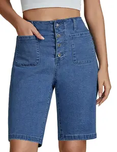 luvamia Bermuda Shorts for Women Jean High Waisted Trendy Patch Pockets Casual Summer Button Fly Stretchy Denim Shorts